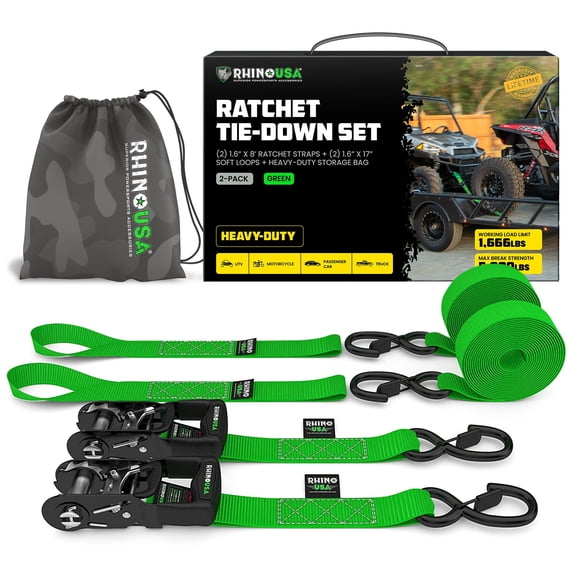 Rhino USA Heavy Duty 1.6" x 8' Ratchet Strap with Safety S Hooks - 5,208lb Break Strength, Green 2pc