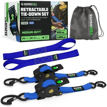 Rhino USA Heavy Duty 1" x 10' Retractable Ratchet Straps 1,209lb Break Strength (Blue 2-Pack)