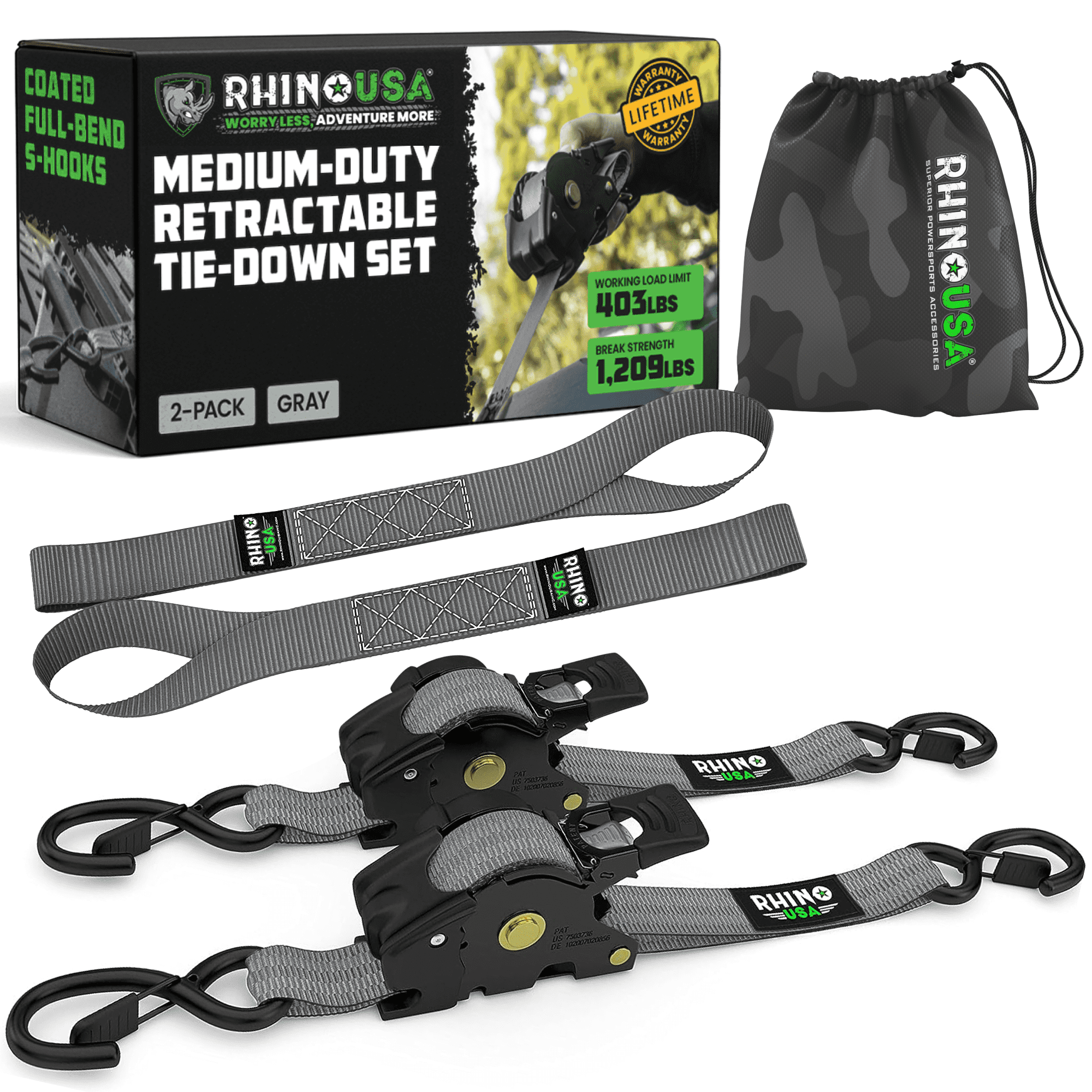Rhino USA 1" x 10' Retractable Ratchet Straps 1,209lb Break Strength (Gray 2-Pack)