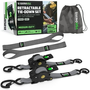 Rhino USA Heavy Duty 1" x 10' Retractable Ratchet Straps 1,209lb Break Strength (Gray 2-Pack)