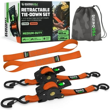 Rhino USA Heavy Duty 1" x 10' Retractable Ratchet Straps 1,209lb Break Strength (Orange 2-Pack)