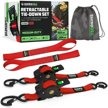 Rhino USA Heavy Duty 1" x 10' Retractable Ratchet Straps 1,209lb Break Strength (Red 2-Pack)