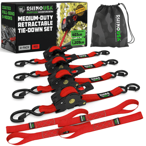 Correas retráctiles con trinquete Rhino USA de 1" x 10', resistencia a la rotura de 1.209 lb (rojo, paquete de 4)