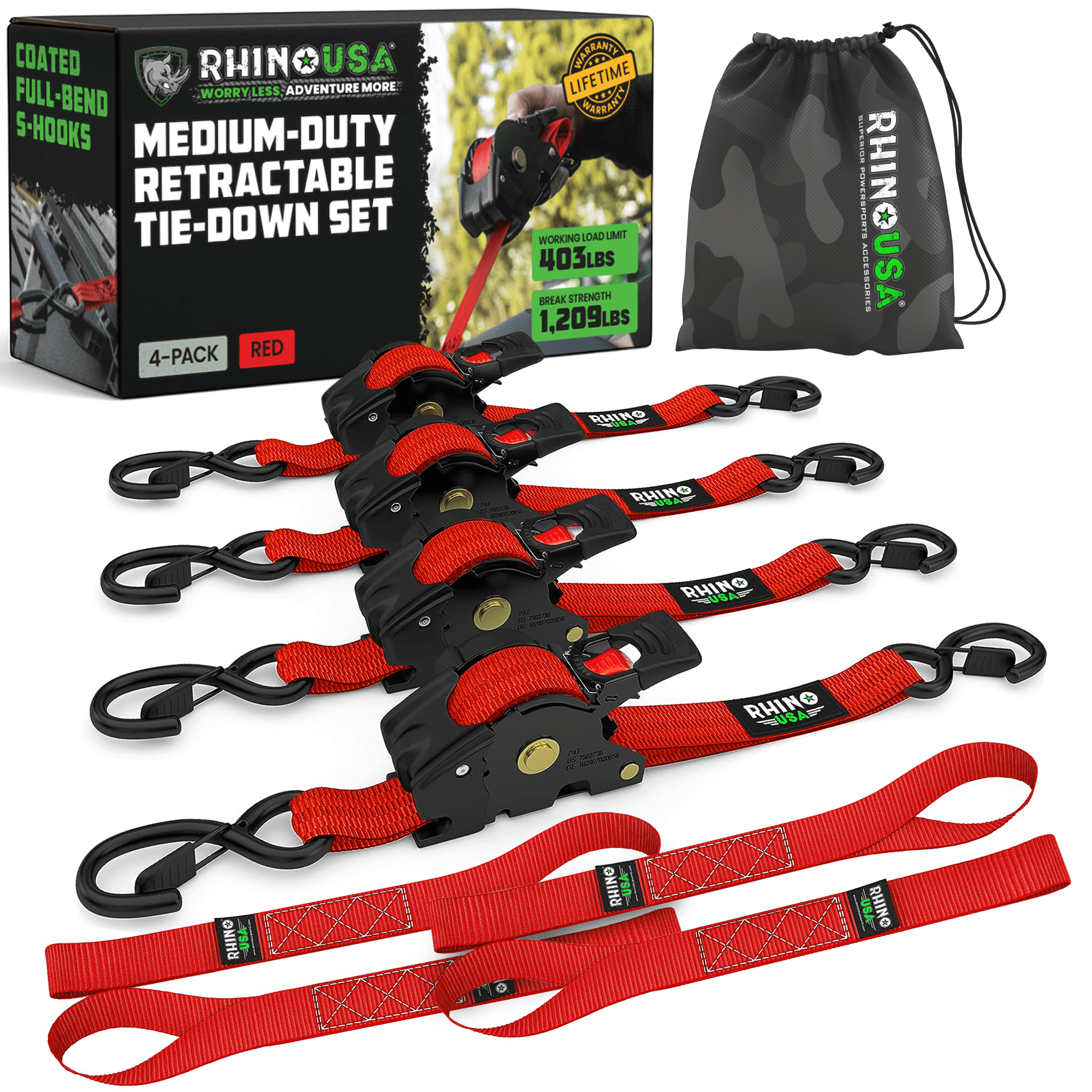 Correas retráctiles con trinquete Rhino USA de 1" x 10', resistencia a la rotura de 1.209 lb (rojo, paquete de 4)