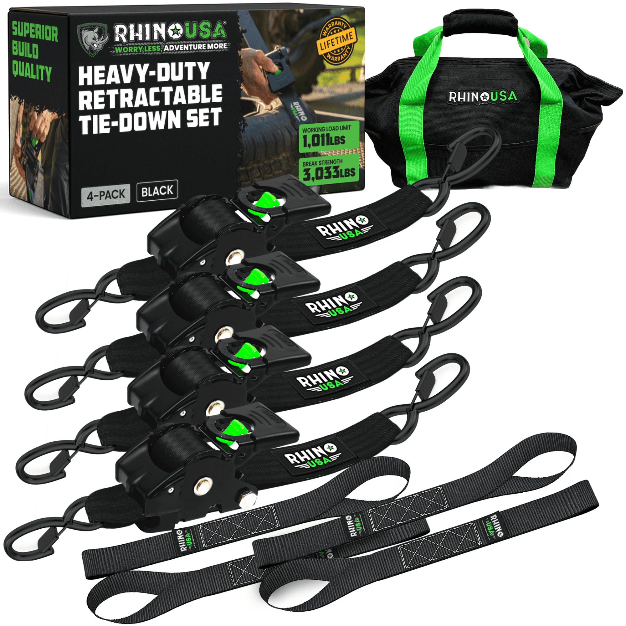 Rhino USA Heavy Duty 2" x 10' Retractable Ratchet Straps 3,033lb Break Strength (Black 4-Pack)