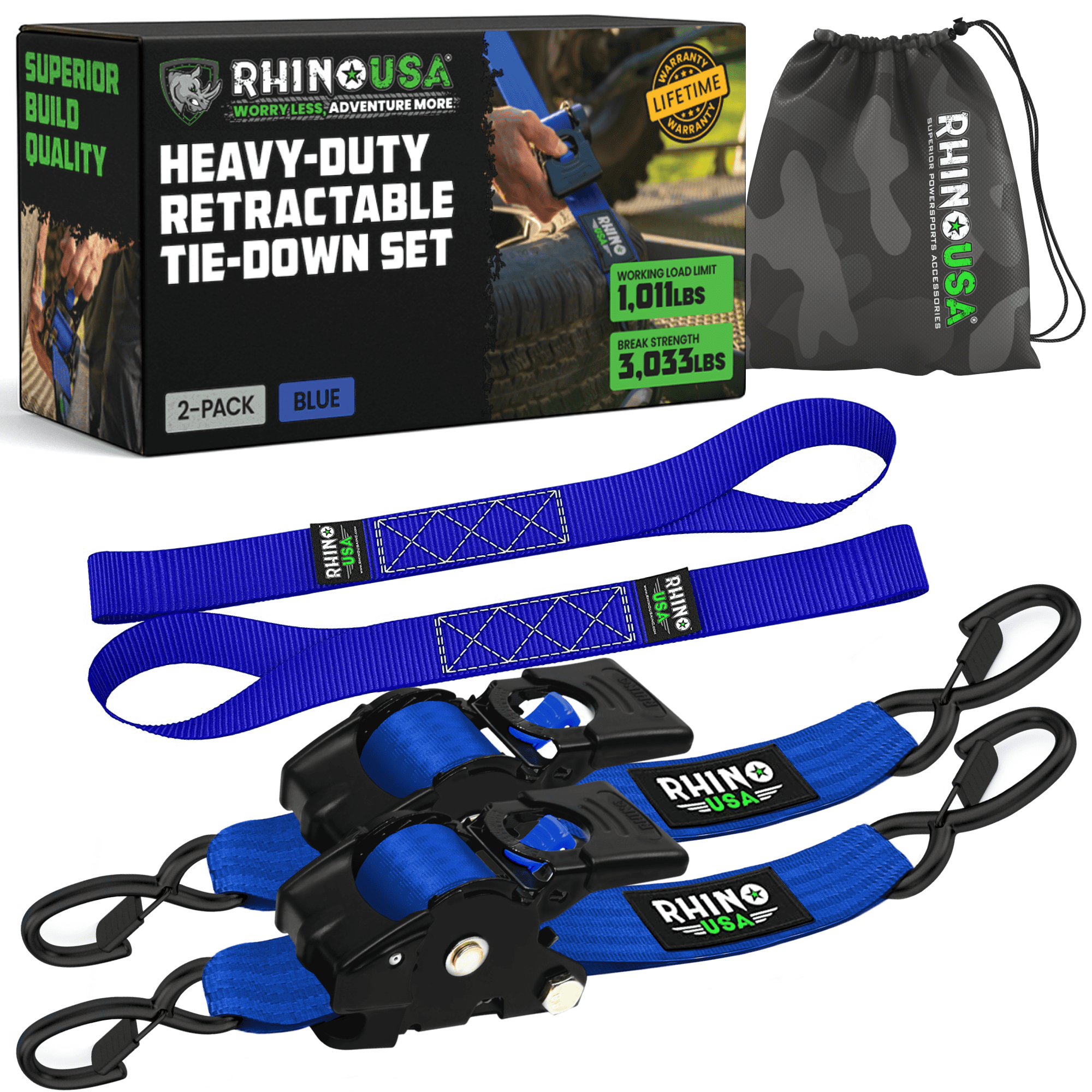 Rhino USA Heavy Duty 2" x 10' Retractable Ratchet Straps 3,033lb Break Strength (Blue 2-Pack)
