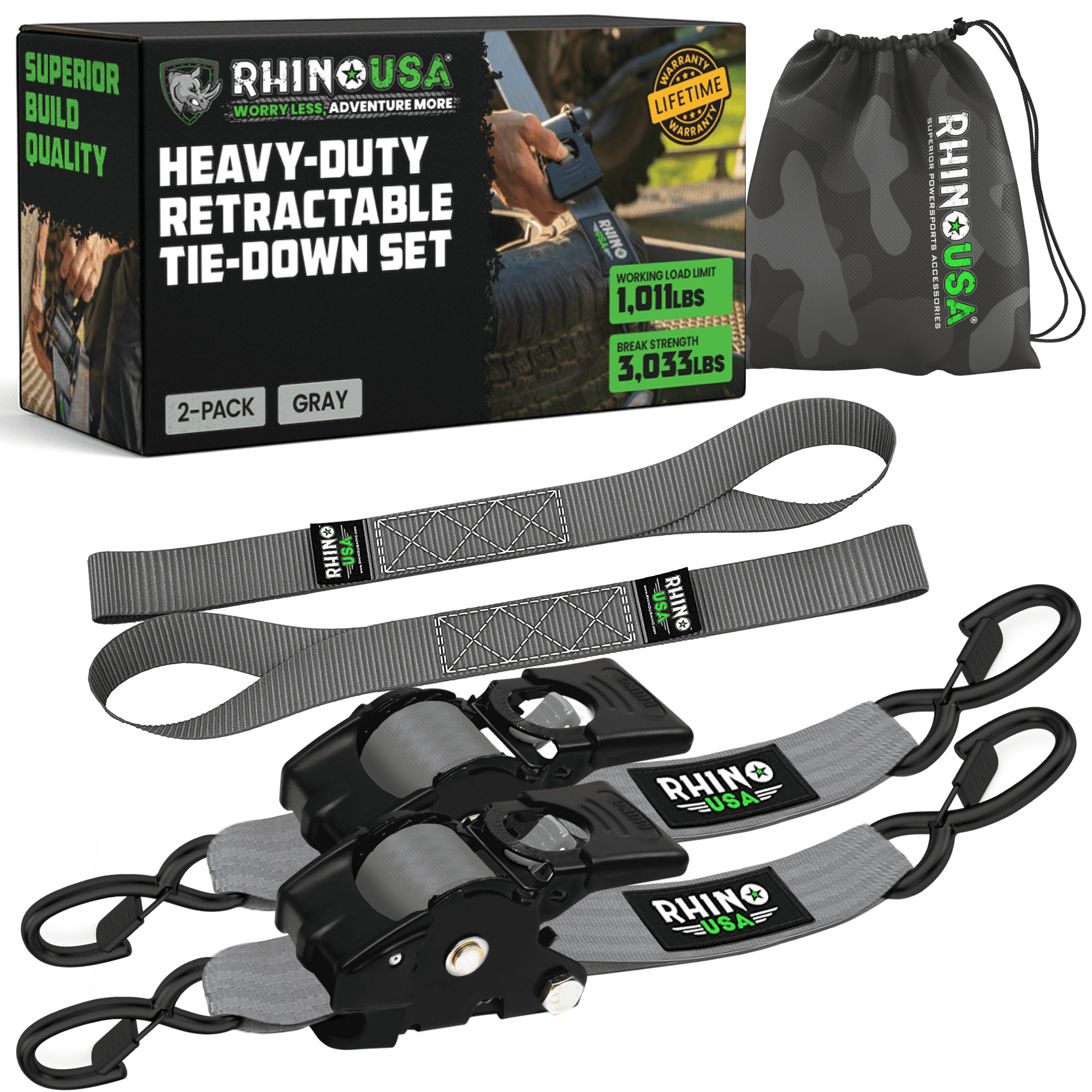 Rhino USA Heavy Duty 2" x 10' Retractable Ratchet Straps 3,033lb Break Strength (Gray 2-Pack)