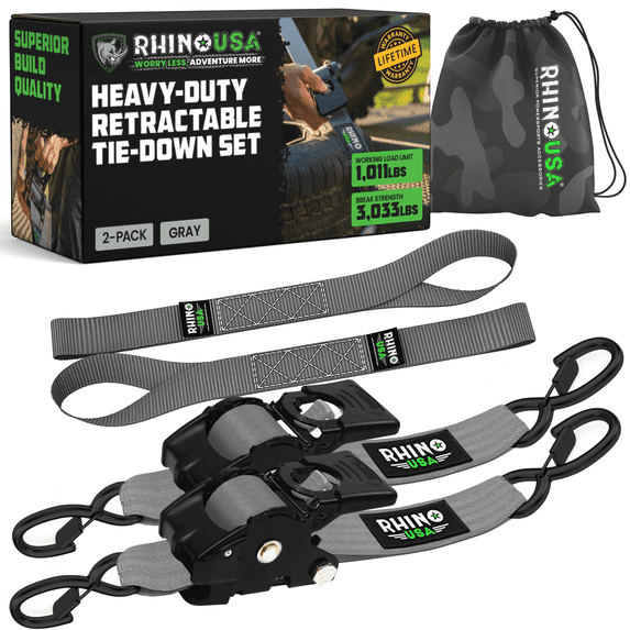 Rhino USA Heavy Duty 2" x 10' Retractable Ratchet Straps 3,033lb Break Strength (Gray 2-Pack)