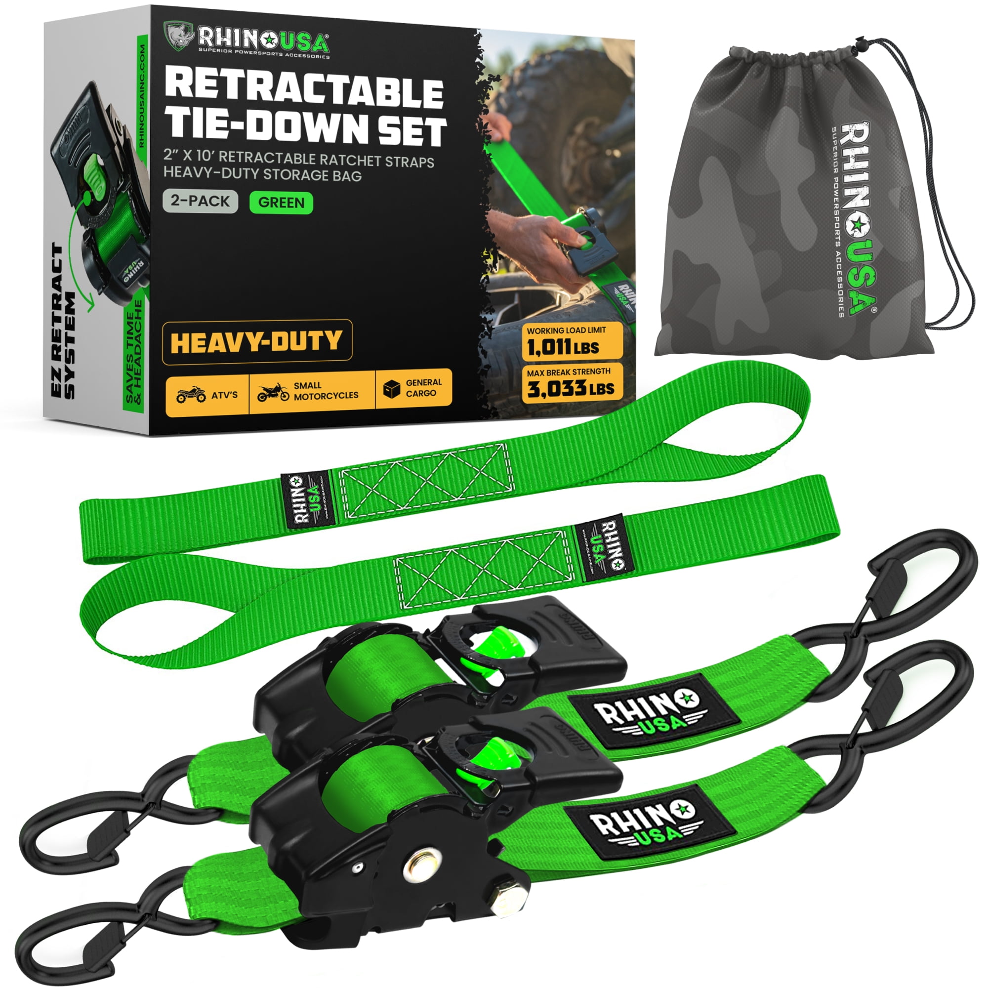 "Rhino USA 2"" x 10' Heavy-Duty Retractable Ratchet Tie Down Straps with Cargo Hooks, Green, 2-Pack"