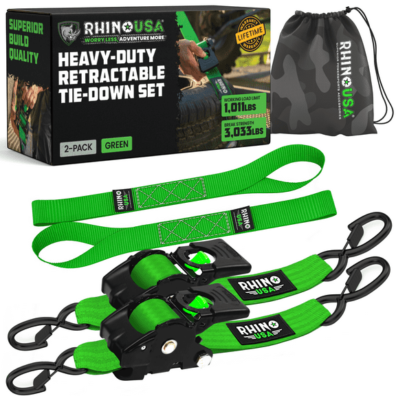 Rhino USA Heavy Duty 2" x 10' Retractable Ratchet Straps 3,033lb Break Strength (Green 2-Pack)