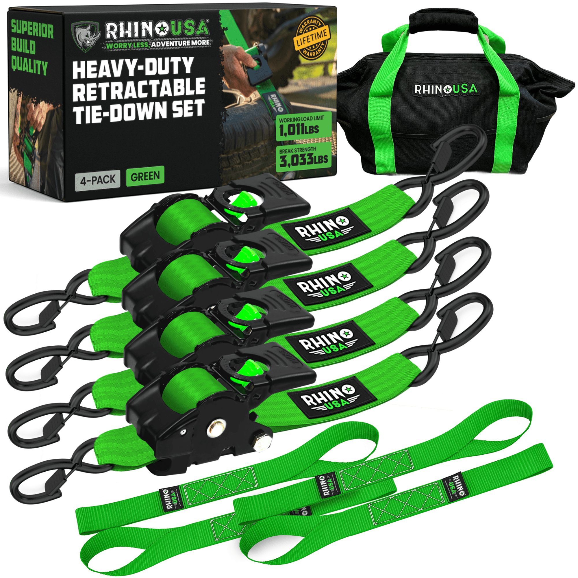 Rhino USA Heavy Duty 2" x 10' Retractable Ratchet Straps 3,033lb Break Strength (Green 4 Pack)