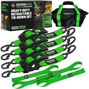 Rhino USA Heavy Duty 2 x 10 Retractable Ratchet Straps 3,033lb Break Strength Green 4 Pack