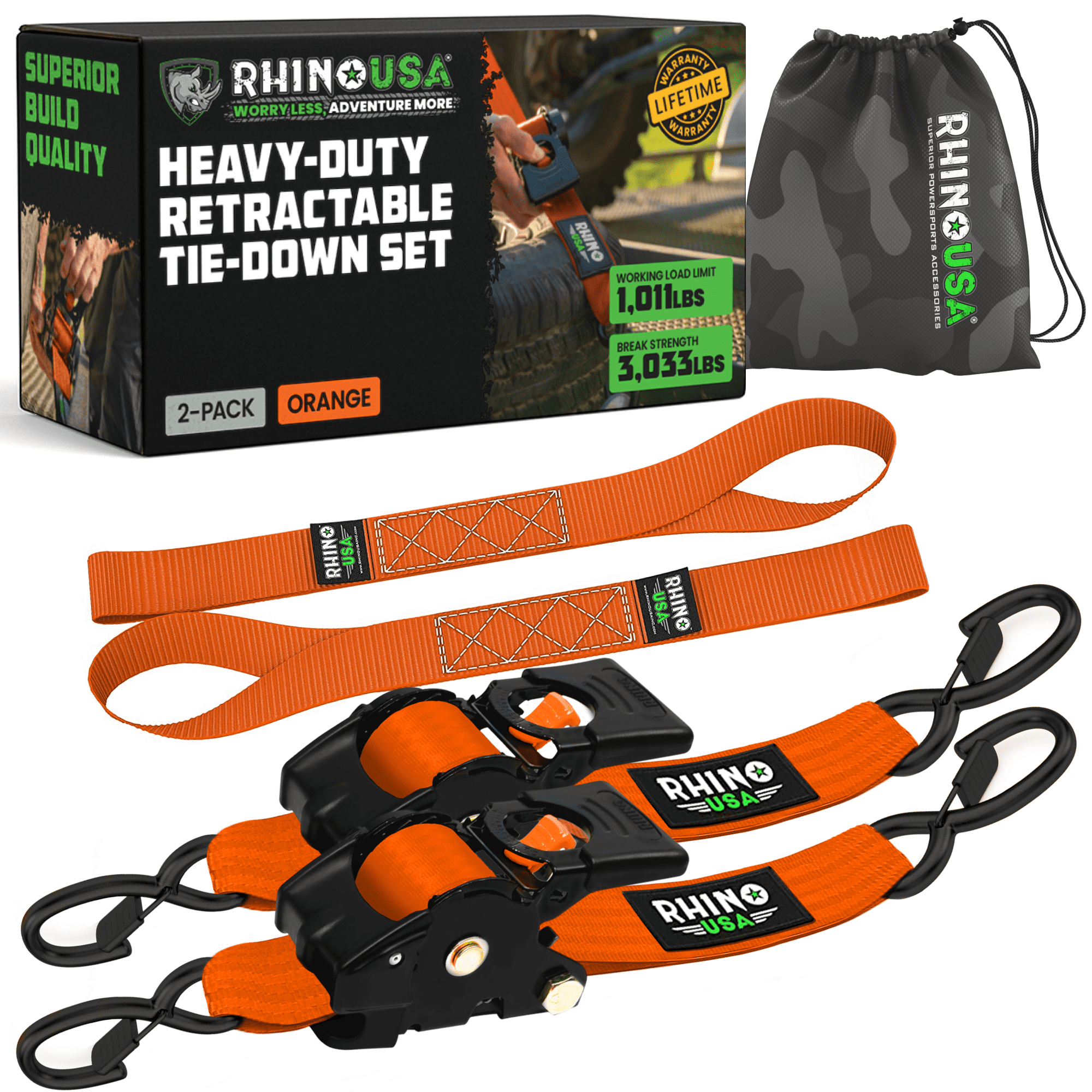 Rhino USA Heavy Duty 2" x 10' Retractable Ratchet Straps 3,033lb Break Strength (Orange 2-Pack)