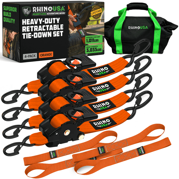 Rhino USA Heavy Duty 2" x 10' Retractable Ratchet Straps 3,033lb Break Strength (Orange 4-Pack)