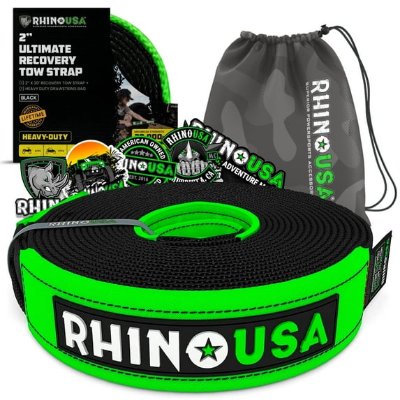 Rhino USA Heavy Duty 2" x 20' Emergency Recovery Tow Strap Rope for Offroad - 20,024lb Break Strength