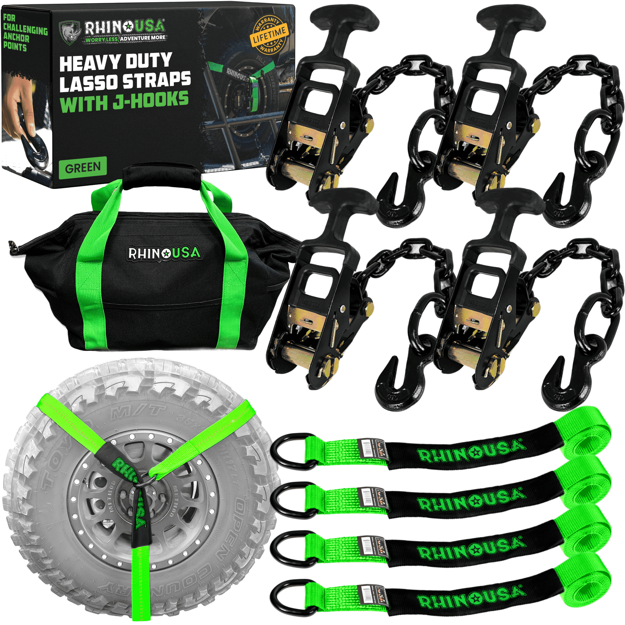 Rhino USA Heavy Duty 2" x 8' Car Tie Down Straps with J Hook - 10,000lb Break Strength (Green 4Pack)