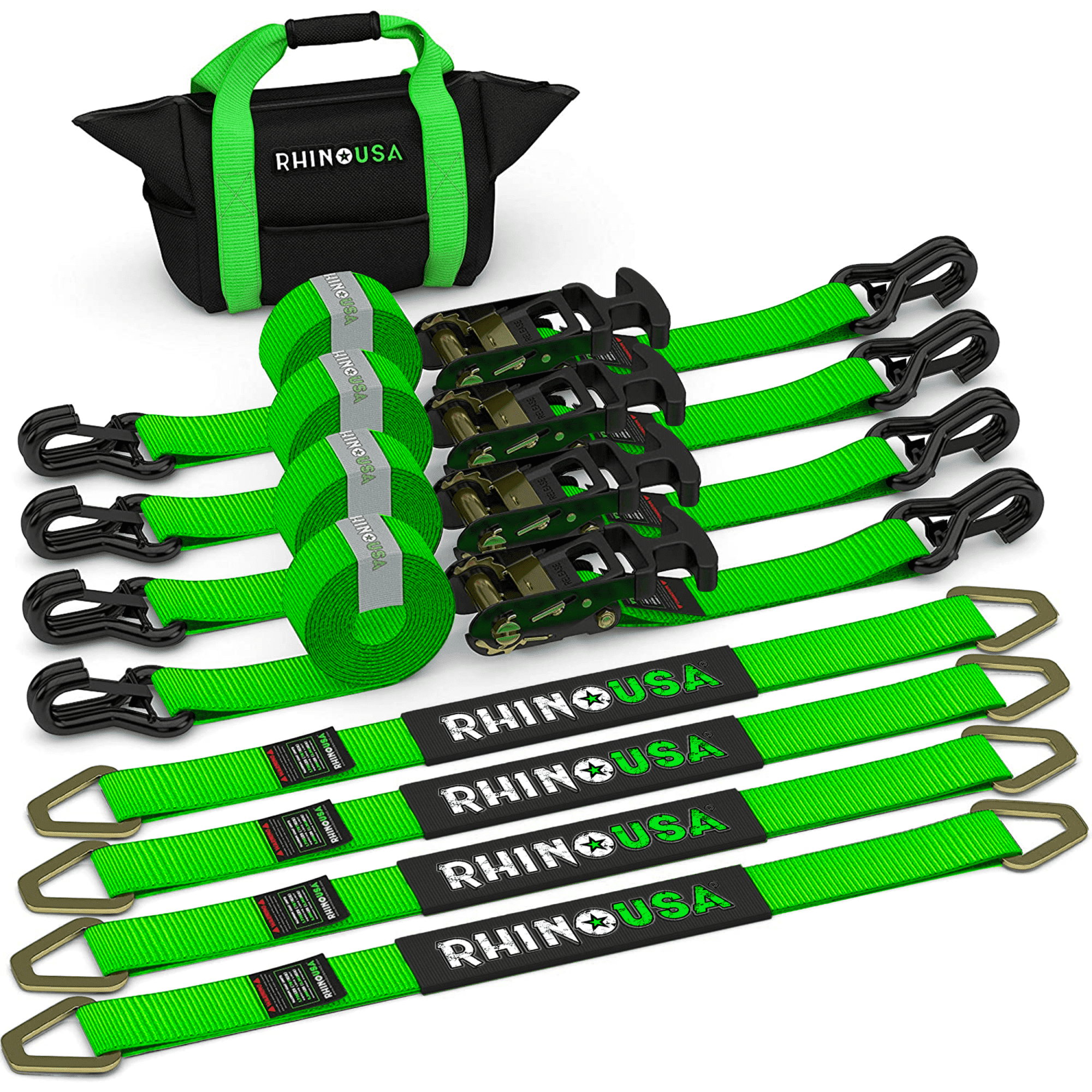 Rhino USA Heavy Duty Green Vehicle Tie Down Kit with J Hooks