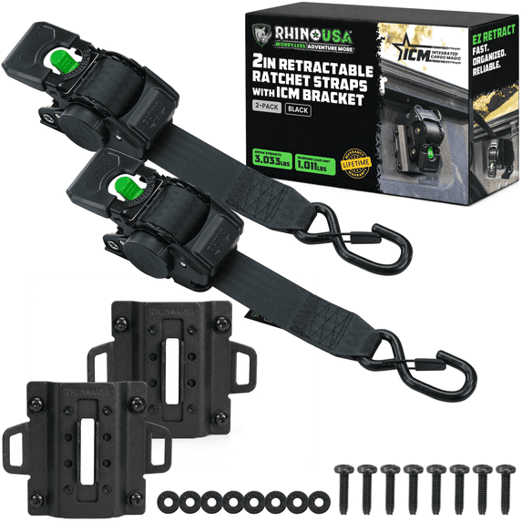 Rhino USA Integrated Cargo Magic Bed-Mounted Retractable Ratchet Straps for Ford Trucks 2PK(2015+ F-150 & 2017+ F-250) – BoxLink Compatible, Removable, 360° Swivel, Heavy-Duty Tie Downs
