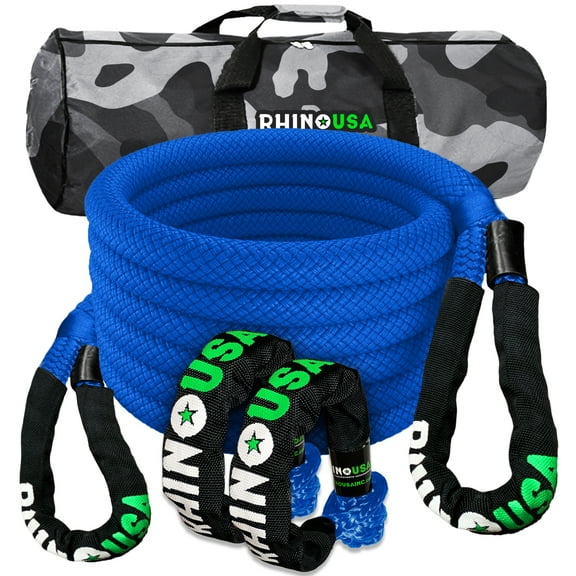 Rhino USA Kinetic Rope Recovery Kit (7/8in x 30ft) - Heavy Duty Offroad Snatch Strap - Includes 2 Soft Shackle (blue)