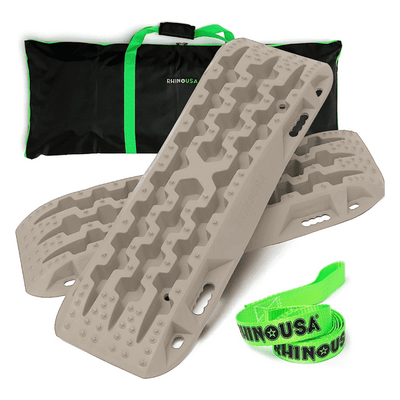 Rhino USA Off-Road Recovery Traction Boards - 2 Pack Ultimate Tire Traction Mountable Mats for 4X4 Vehicles in Sand, Mud & Snow. Heavy Duty Zipper Carry Bag and Leashes Included - (Sand)