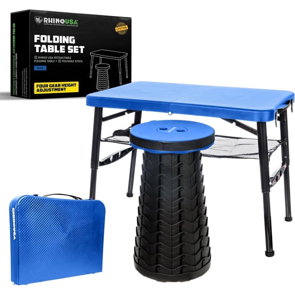 Rhino USA Portable Camping Table and Stool Set - Lightweight Foldable Camp Tables with Net for Beach Trips, Fishing, Picnic, Cooking & Much More (Blue)