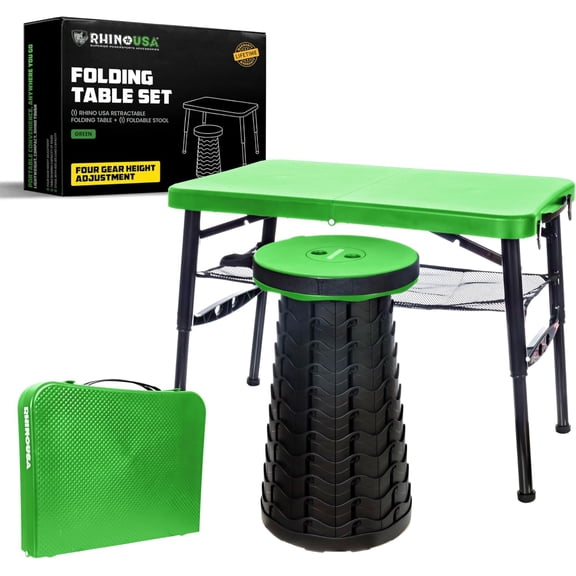 Rhino USA Portable Camping Table and Stool Set - Lightweight Foldable Camp Tables with Net for Beach Trips, Fishing, Picnic, Cooking & Much More (Green)