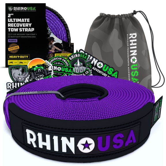 Rhino USA Recovery Tow Strap (2" x 20') - 20,024lb Break Strength Emergency Recovery Strap Tow Rope for UTV, ATV & More - Heavy Duty Towing Strap for Offroad 4x4 Use - Compatible with RZR and Can-Am