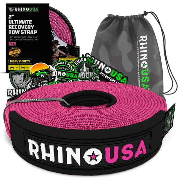 Rhino USA Recovery Tow Strap (2" x 20') - 20,024lb Break Strength - Emergency Recovery Strap Tow Rope for UTV, ATV & More - Heavy Duty Towing Strap for Offroad 4x4 Use - Compatible with RZR and Can-A