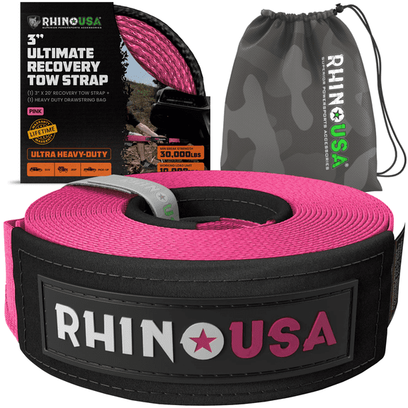 Rhino USA Recovery Tow Strap (3" x 20') - 31,518lb Break Strength - Emergency Recovery Strap Tow Rope for Truck, UTV, ATV & More - Heavy Duty Towing Strap for Offroad 4x4 Use - Compatible with Jeep