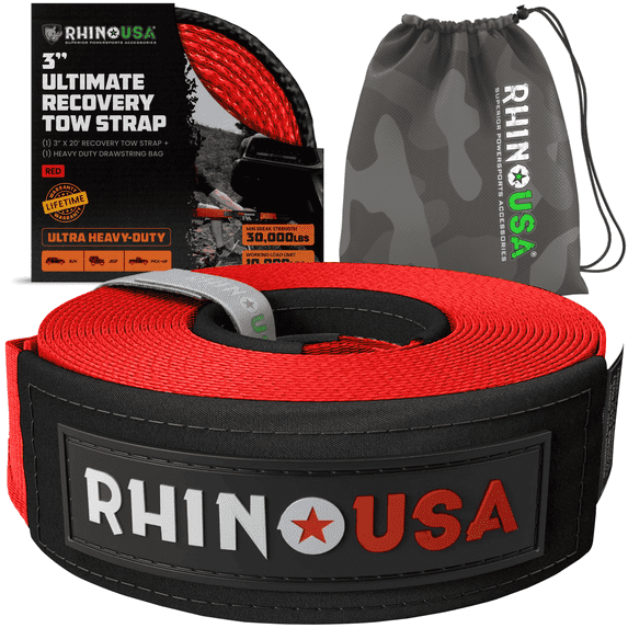 Rhino USA Recovery Tow Strap (3"x20') - 31,518lb Break Strength- Emergency Recovery Strap Tow Rope (Red)