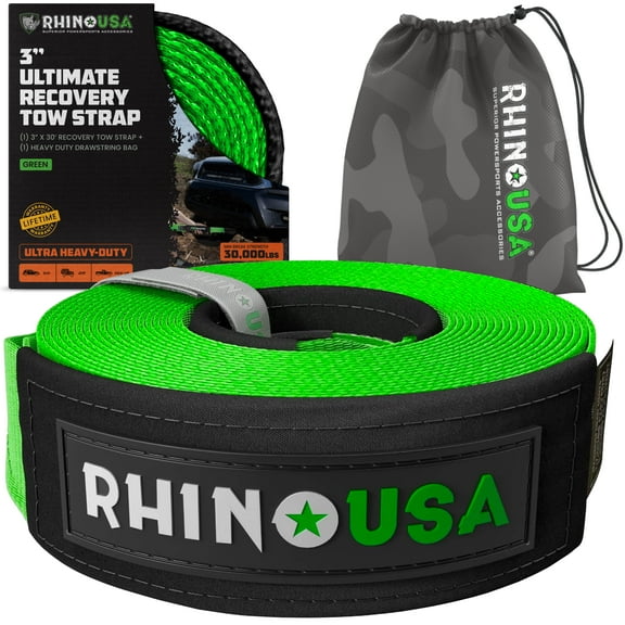 Rhino USA Recovery Tow Strap (3" x 30') - 31,518lb Break Strength - Emergency Recovery Strap Tow Rope (Green)