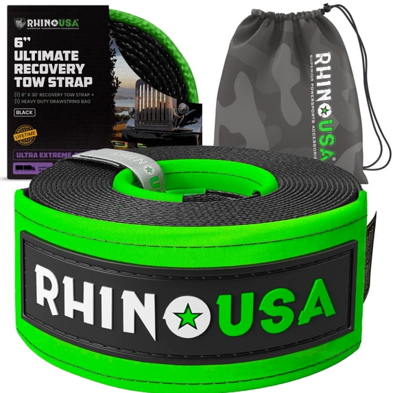 Rhino USA Recovery Tow Strap (6" x 30') - 48,000lb Break Strength - Emergency Recovery Strap Tow Rope for Big Trucks, SUV, Backhoe, Excavators & More - Heavy Duty Towing Strap for Offroad 4x4 Use