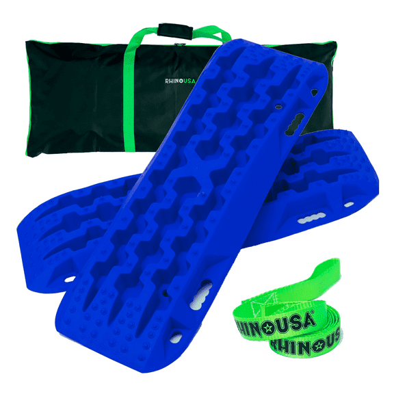 Rhino USA Off-Road Recovery Traction Boards - 2 Pack Ultimate Tire Traction Mountable Mats for 4X4 Vehicles in Sand, Mud & Snow. Heavy Duty Zipper Carry Bag and Leashes Included - (Blue)