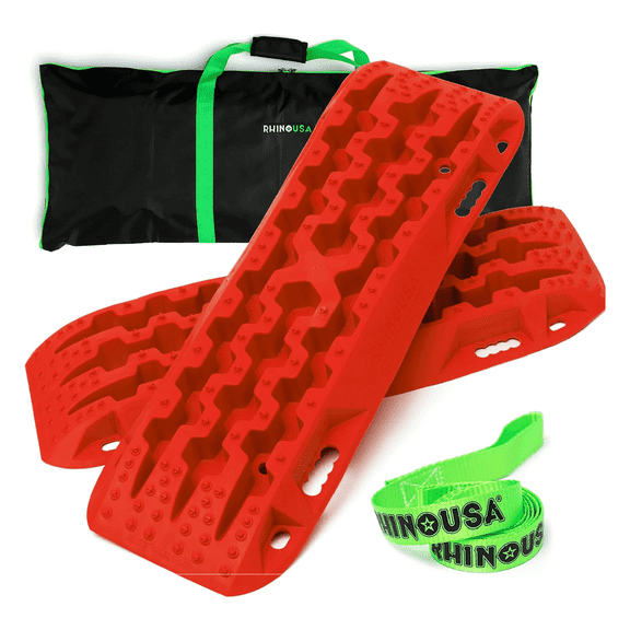 Rhino USA Off-Road Recovery Traction Boards - 2 Pack Ultimate Tire Traction Mountable Mats for 4X4 Vehicles in Sand, Mud & Snow. Heavy Duty Zipper Carry Bag and Leashes Included - (Red)