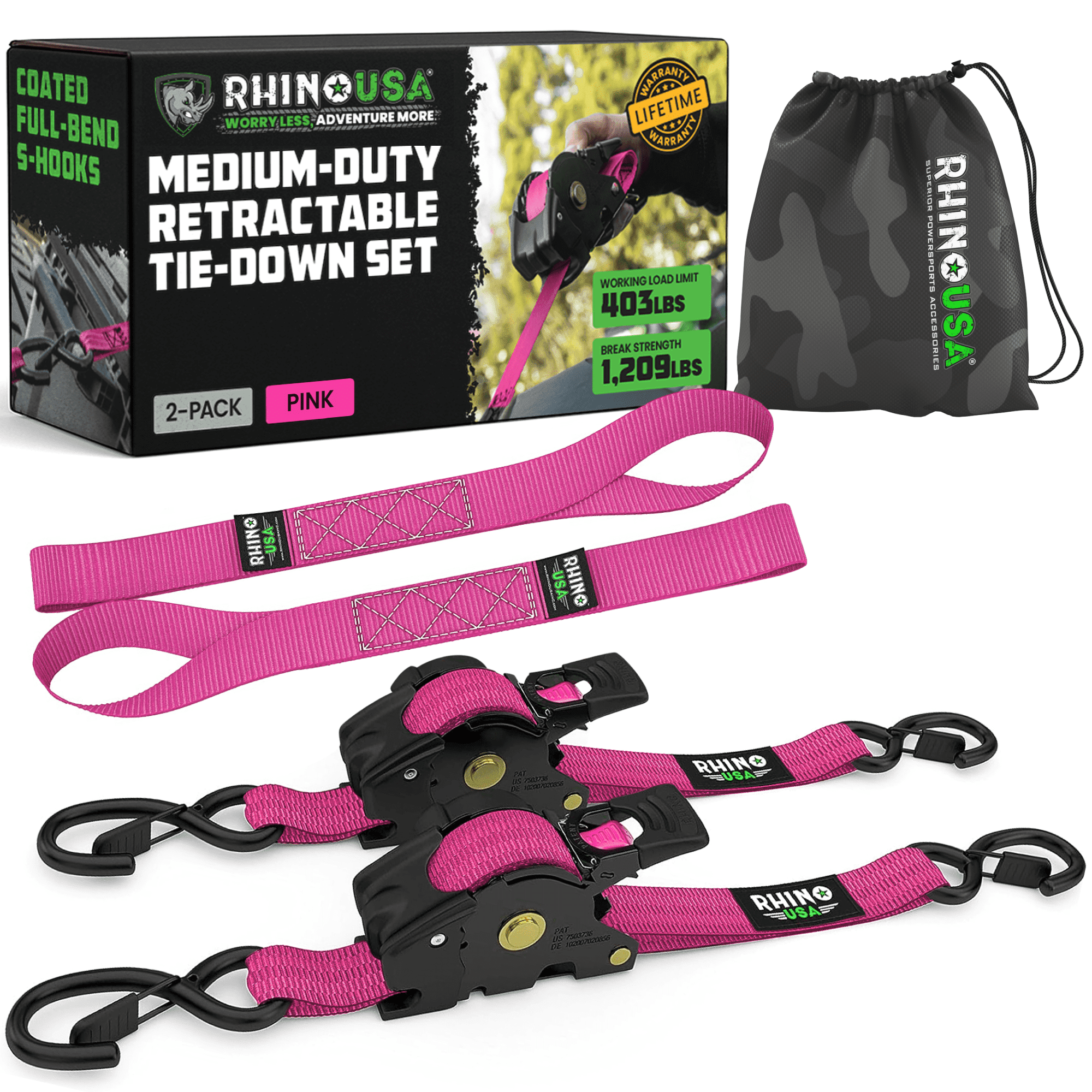 Rhino USA Retractable Ratchet Straps (2-Pack) - 1 Inch x 10 Feet (1,209lb Break Strength) - Auto Self Retracting Tie Down Straps for Truck, Cargo Trailer, Motorcycle, ATV, UTV - Pink