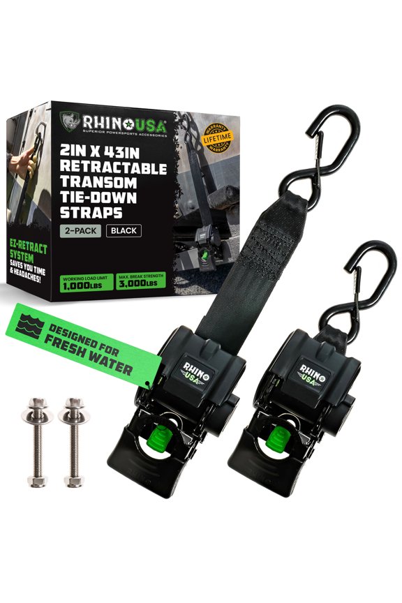 Heavy duty 2" x 43" Retractable Transom Tie-Down Strap (2 pc) - 3,000lb Max Break Strength