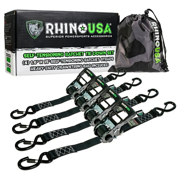 Rhino USA Self Tensioning Ratchet Tie Down Straps (4PK 1.6INX15FT)- Heavy Duty Patented Cargo Strap Keeps Tension When Your Load Shifts - Used for Motorcycle, ATV, UTV, Truck, General Cargo & More