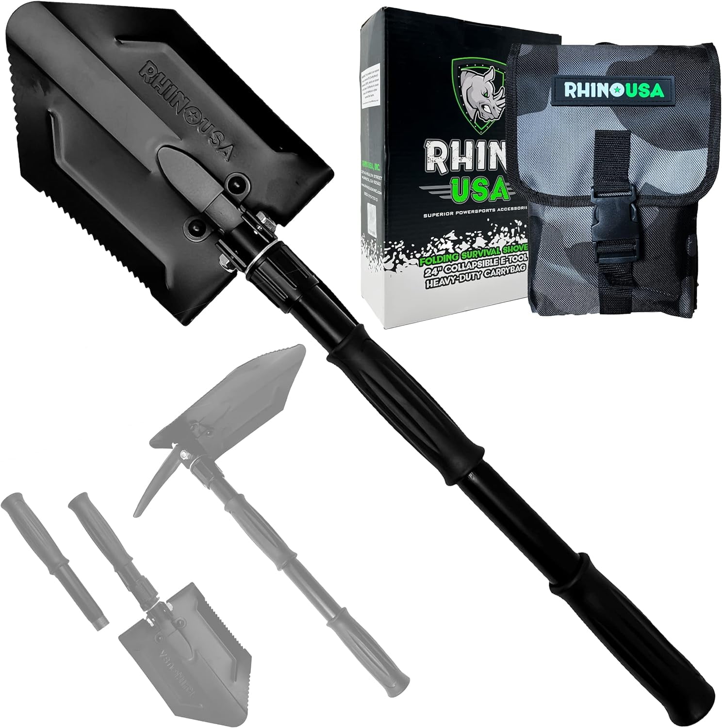 Rhino USA Survival Shovel with Pick Heavy Duty Carbon Steel