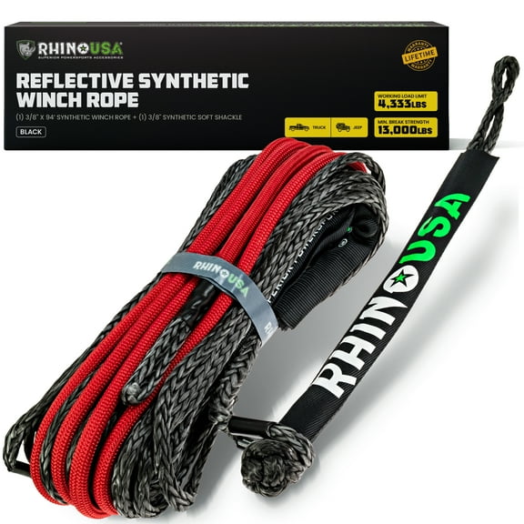 Rhino USA Synthetic Winch Line (3/8" x 94') with Soft Shackle- For use with Jeep Wrangler, Gladiator, 4Runner, 1/2 Ton Pickup - Ultimate SUV and Truck Accessories