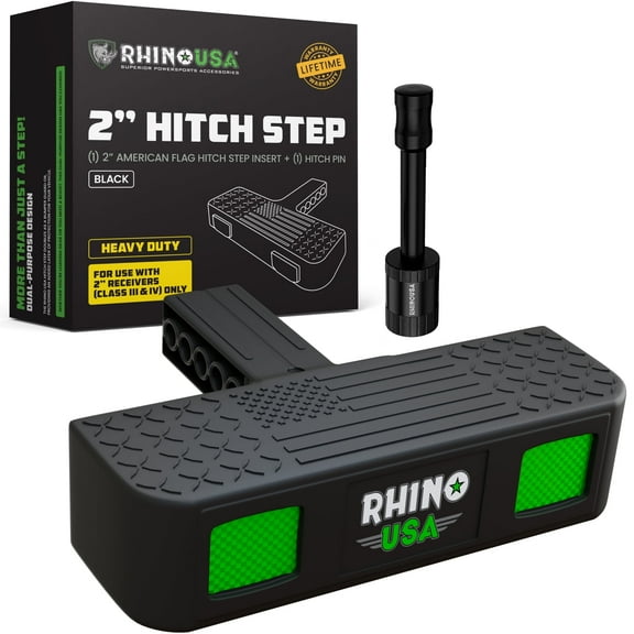 Rhino USA Tow Hitch Step For 2IN Recievers, Anti-Slip Grip, Reflective Material and Bumper Protection (Black)