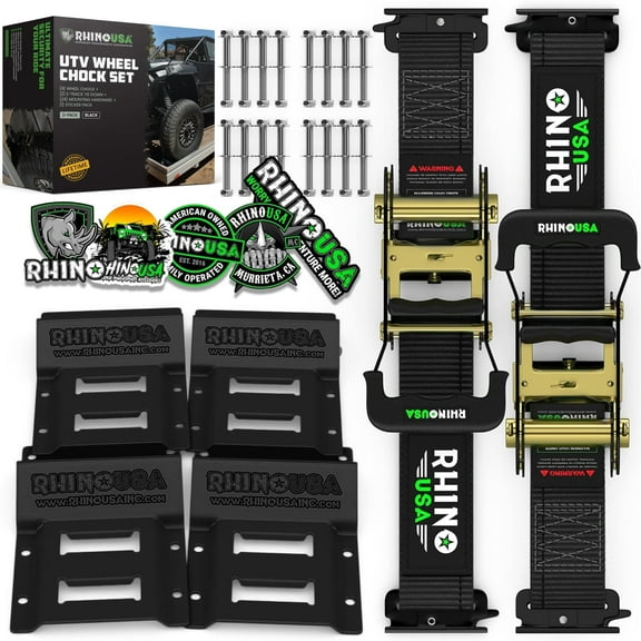 Rhino USA Wheel Chock Tie Down Kit (4,500lb Break Strength) 2 Tire Ratchet Straps (4) Chocks - Black