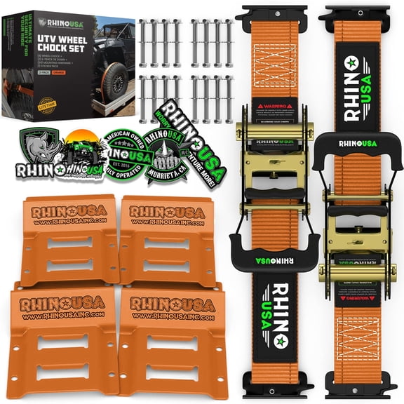 Rhino USA Wheel Chock Tie Down Kit (4,500lb Break Strength) 2 Tire Ratchet Straps (4) Chocks Orange