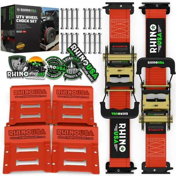 Rhino USA Wheel Chock Tie Down Kit (4,500lb Break Strength) 2 Tire Ratchet Straps (4) Chocks - Red