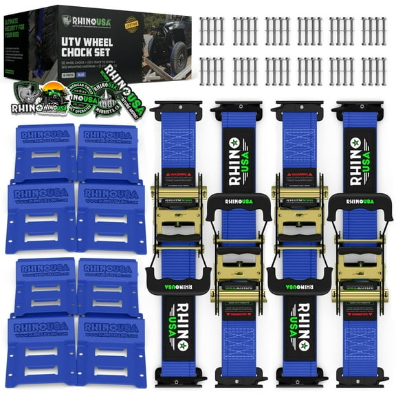 Rhino USA Wheel Chock Tie Down Kit (4,500lb Break Strength) 4 Tire Ratchet Straps (8) Chocks - Blue