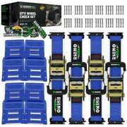 Rhino USA Wheel Chock Tie Down Kit 4,500lb Break Strength 4 Tire Ratchet Straps 8 Chocks - Blue