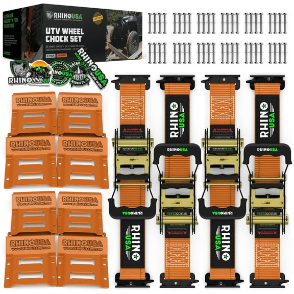 Rhino USA Wheel Chock Tie Down Kit (4,500lb Break Strength) 4 Tire Ratchet Straps (8) Chocks Orange