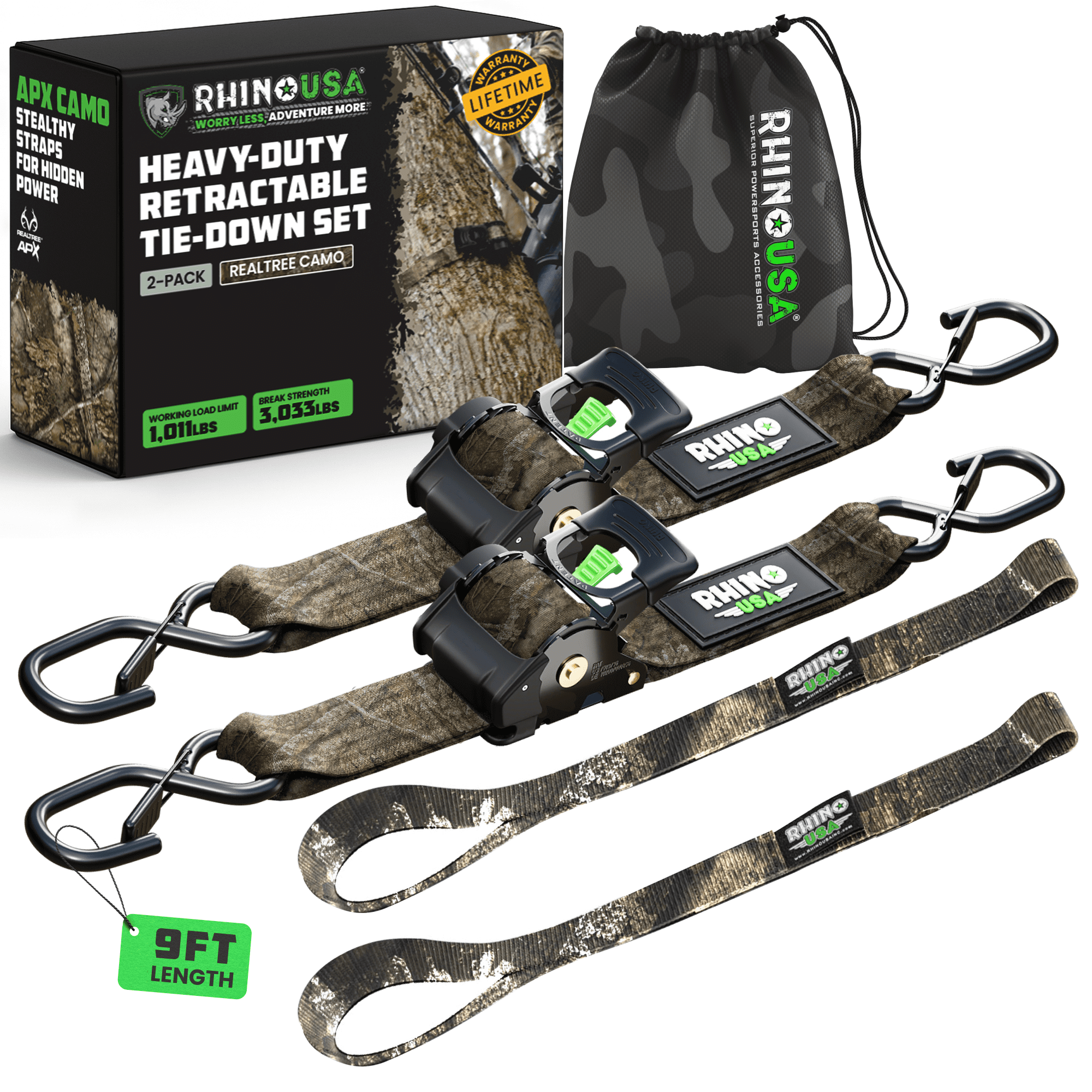 Rhino USA x Realtree Retractable Ratchet Straps (2PK) 2"x 9' (1,209lb Break Strength)- Heavy Duty Auto Self Retracting Tie Down Straps for Truck, Cargo Trailer, Motorcycle, ATV, UTV- Realtree APX Cam