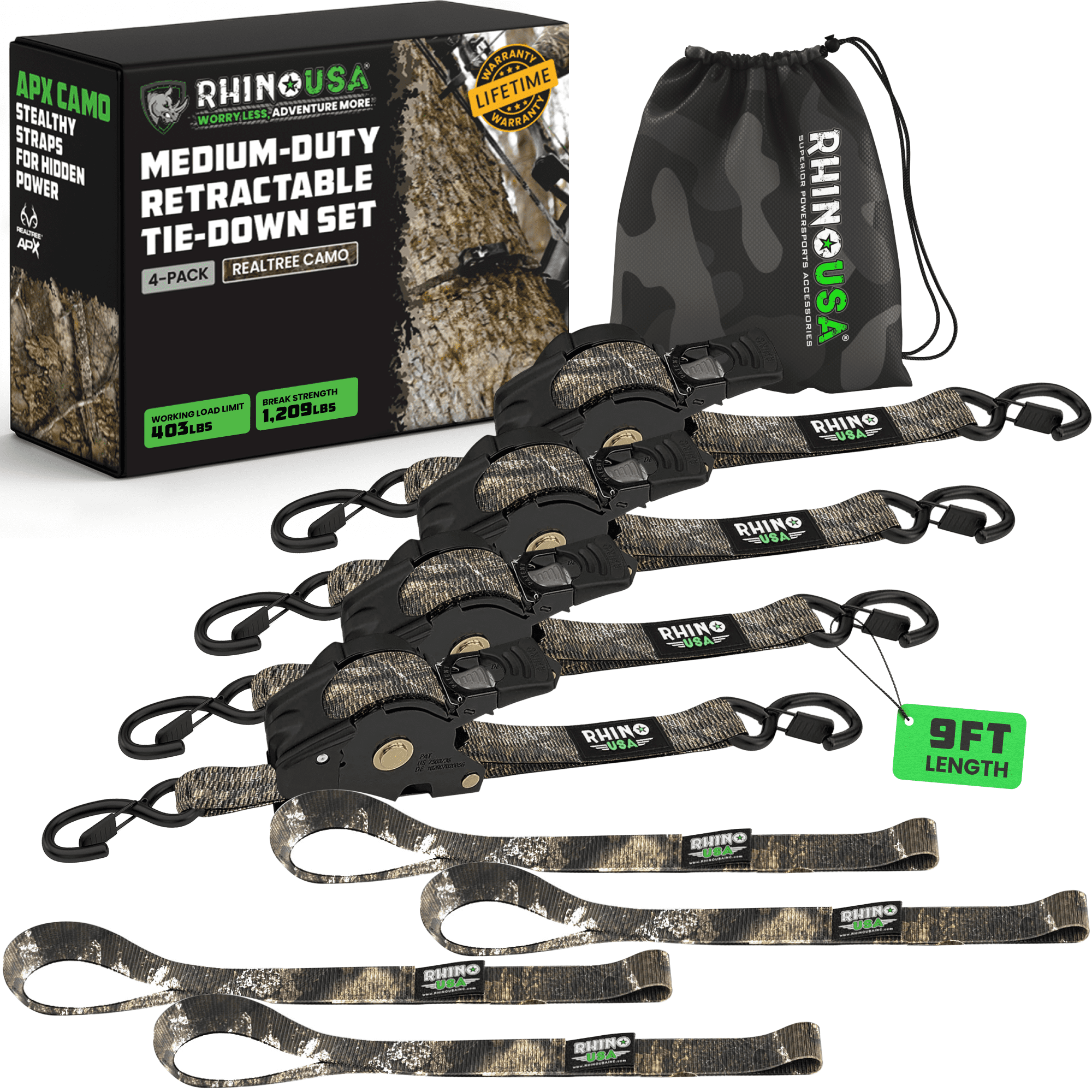 Rhino USA x Realtree Retractable Ratchet Straps (4PK) 1"x 9' (1,209lb Break Strength)- Heavy Duty Auto Self Retracting Tie Down Straps - Realtree APX Cam