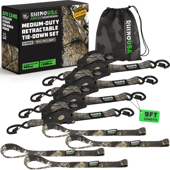 Rhino USA x Realtree Retractable Ratchet Straps (4PK) 1"x 9' (1,209lb Break Strength)- Heavy Duty Auto Self Retracting Tie Down Straps - Realtree APX Cam