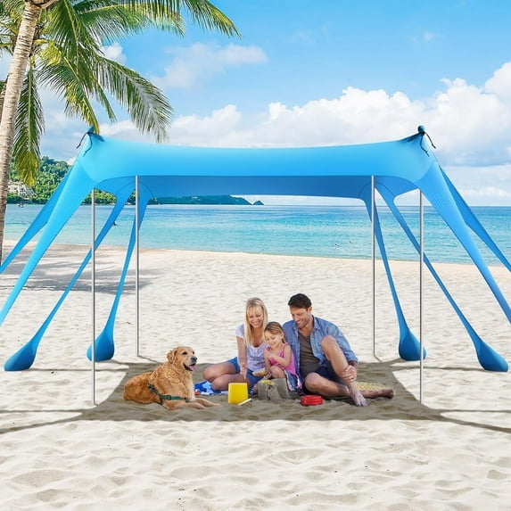 Rhino Valley Beach Tent Sun Shelter, Beach Canopy Tent Sun Shade UPF50+ Protection with 8 Sandbags 4 Stability Poles, Outdoor Beach Shade Canopy for Beach, Camping, Fishingach, Camping, Fishing